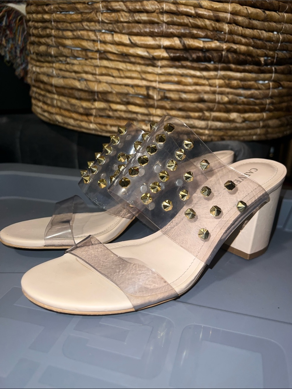 Clear Studded Block Heel Sandals - Nude